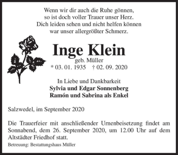 Traueranzeige von Inge Klein (geb. Müller)  von Magdeburger Volksstimme