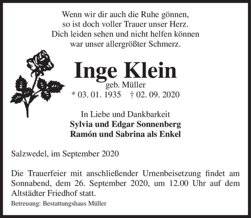  Traueranzeige für Inge Klein (geb. Müller)  vom 04.09.2020 aus Magdeburger Volksstimme