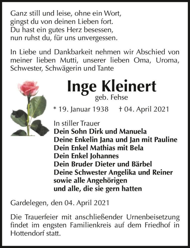  Traueranzeige für Inge Kleinert (geb. Fehse)  vom 08.04.2021 aus Magdeburger Volksstimme