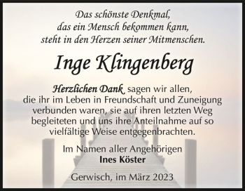 Traueranzeige von Inge Klingenberg  von Magdeburger Volksstimme