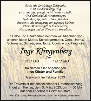 Traueranzeige von Inge Klingenberg (geb. Cain)  von Magdeburger Volksstimme