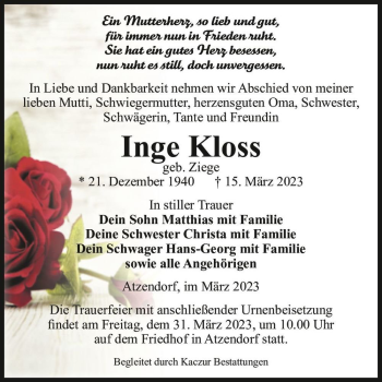 Traueranzeige von Inge Kloss (geb. Ziege)  von Magdeburger Volksstimme