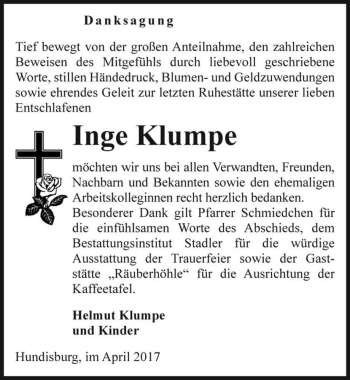 Traueranzeige von Inge Klumpe  von Magdeburger Volksstimme
