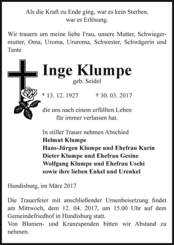 Traueranzeige von Inge Klumpe (geb. Seidel)  von Magdeburger Volksstimme