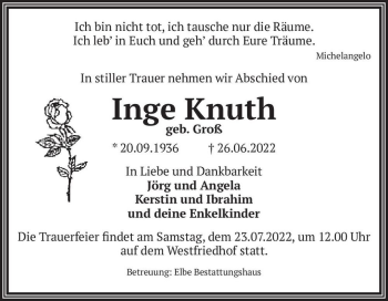 Traueranzeige von Inge Knuth (geb. Groß)  von Magdeburger Volksstimme