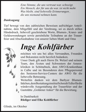 Traueranzeige von Inge Kohlfärber  von Magdeburger Volksstimme