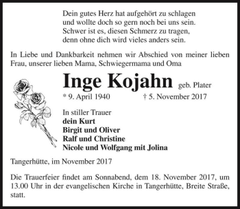 Traueranzeige von Inge Kojahn (geb. Plater)  von Magdeburger Volksstimme