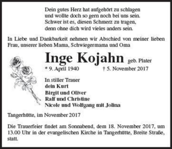 Traueranzeige von Inge Kojahn (geb. Plater)  von Magdeburger Volksstimme