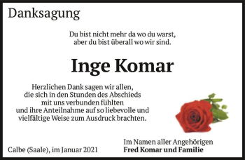 Traueranzeige von Inge Komar  von Magdeburger Volksstimme