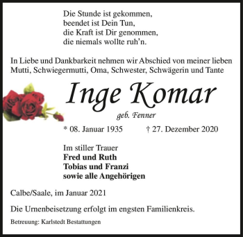 Traueranzeige von Inge Komar (geb. Fenner)  von Magdeburger Volksstimme