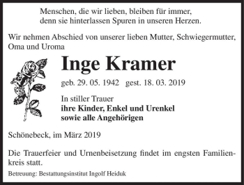 Traueranzeige von Inge Kramer  von Magdeburger Volksstimme