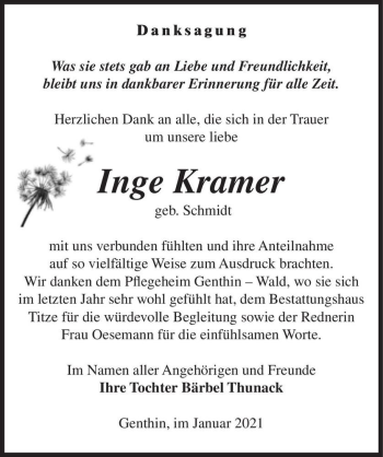 Traueranzeige von Inge Kramer (geb. Schmidt)  von Magdeburger Volksstimme