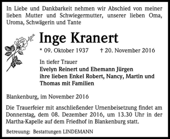 Traueranzeige von Inge Kranert  von Magdeburger Volksstimme