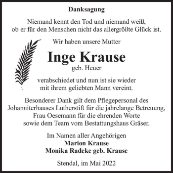 Traueranzeige von Inge Krause (geb. Heuer)  von Magdeburger Volksstimme