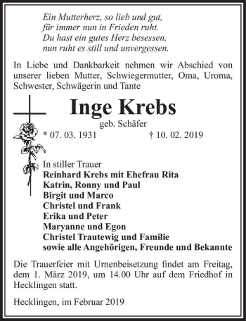 Traueranzeige von Inge Krebs (geb. Schäfer)  von Magdeburger Volksstimme