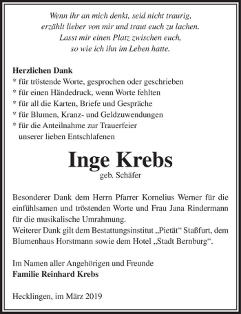 Traueranzeige von Inge Krebs (geb. Schäfer)  von Magdeburger Volksstimme