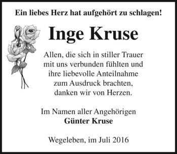 Traueranzeige von Inge Kruse  von Magdeburger Volksstimme