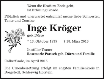 Traueranzeige von Inge Kröger (geb. Dörre)  von Magdeburger Volksstimme