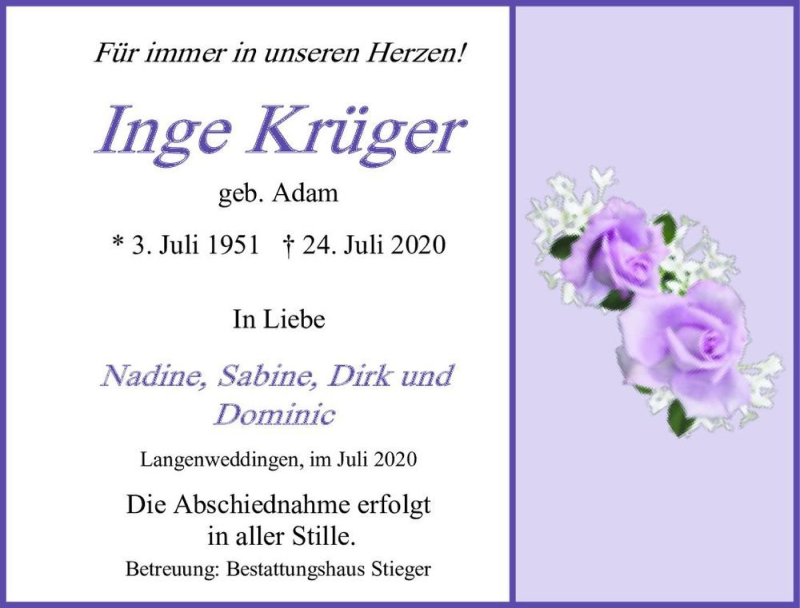 Traueranzeige für Inge Krüger (geb. Adam)  vom 01.08.2020 aus Magdeburger Volksstimme