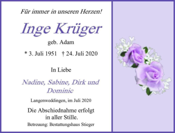 Traueranzeige von Inge Krüger (geb. Adam)  von Magdeburger Volksstimme