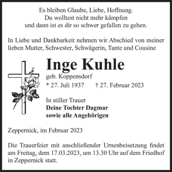 Traueranzeige von Inge Kuhle (geb. Koppensdorf)  von Magdeburger Volksstimme
