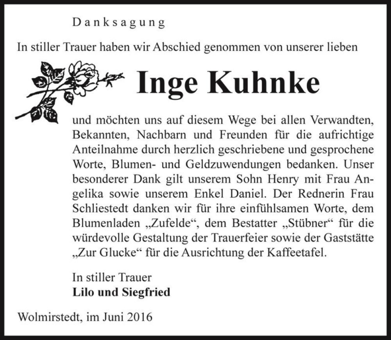  Traueranzeige für Inge Kuhnke  vom 25.06.2016 aus Magdeburger Volksstimme