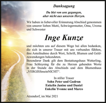 Traueranzeige von Inge Kunze  von Magdeburger Volksstimme