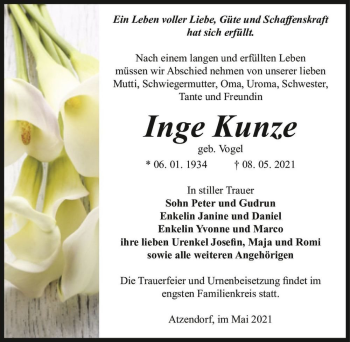 Traueranzeige von Inge Kunze (geb. Vogel)  von Magdeburger Volksstimme