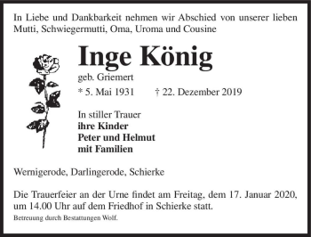 Traueranzeige von Inge König (geb. Griemert)  von Magdeburger Volksstimme
