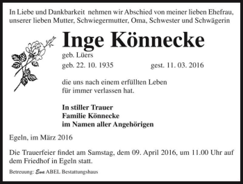 Traueranzeige von Inge Könnecke (geb. Lüers)  von Magdeburger Volksstimme