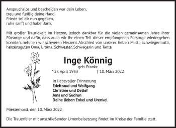 Traueranzeige von Inge Könnig (geb. Franke)  von Magdeburger Volksstimme