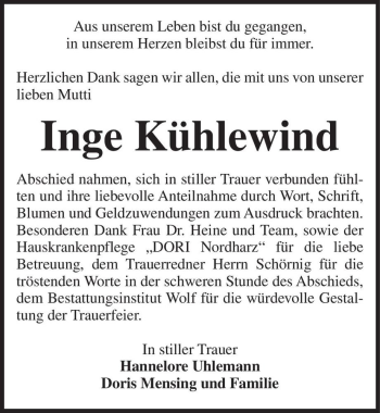 Traueranzeige von Inge Kühlewind  von Magdeburger Volksstimme