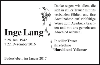 Traueranzeige von Inge Lang  von Magdeburger Volksstimme