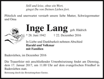 Traueranzeige von Inge Lang (geb. Hädrich)  von Magdeburger Volksstimme