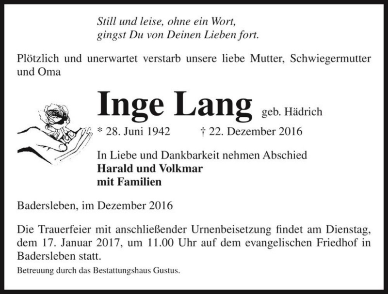 Traueranzeige für Inge Lang (geb. Hädrich)  vom 07.01.2017 aus Magdeburger Volksstimme