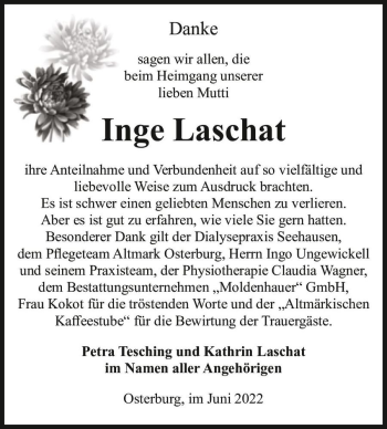 Traueranzeige von Inge Laschat  von Magdeburger Volksstimme