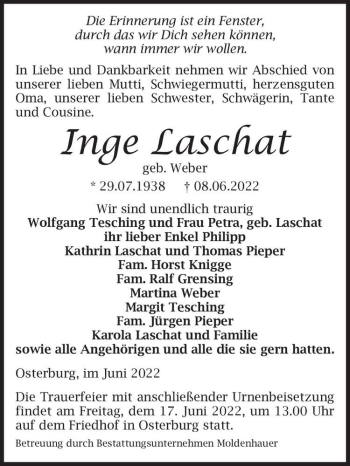 Traueranzeige von Inge Laschat (geb. Weber)  von Magdeburger Volksstimme