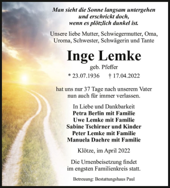 Traueranzeige von Inge Lemke (geb. Pfeffer)  von Magdeburger Volksstimme