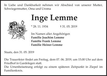 Traueranzeige von Inge Lemme  von Magdeburger Volksstimme