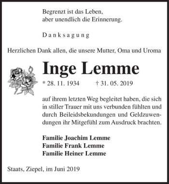 Traueranzeige von Inge Lemme  von Magdeburger Volksstimme