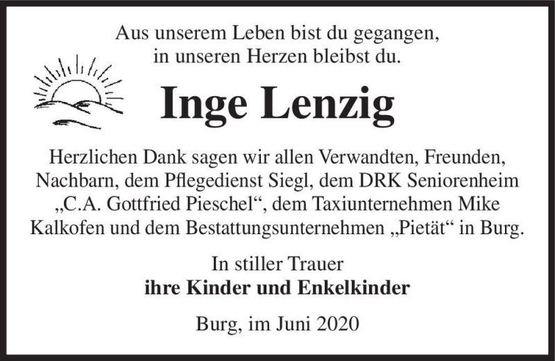  Traueranzeige für Inge Lenzig  vom 27.06.2020 aus Magdeburger Volksstimme