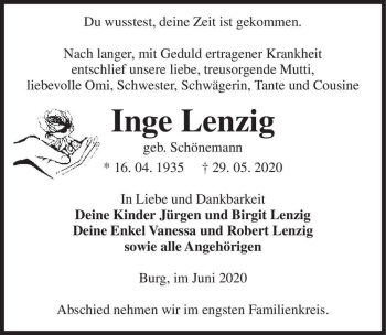 Traueranzeige von Inge Lenzig (geb. Schönemann)  von Magdeburger Volksstimme