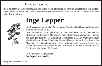 Traueranzeige von Inge Lepper  von Magdeburger Volksstimme