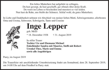 Traueranzeige von Inge Lepper (geb. Meier)  von Magdeburger Volksstimme