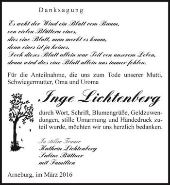 Traueranzeige von Inge Lichtenberg  von Magdeburger Volksstimme