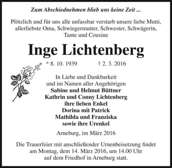 Traueranzeige von Inge Lichtenberg  von Magdeburger Volksstimme