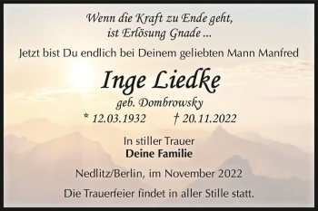Traueranzeige von Inge Liedke (geb. Dombrowsky)  von Magdeburger Volksstimme