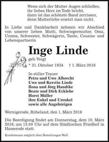 Traueranzeige von Inge Linde (geb. Voigt)  von Magdeburger Volksstimme
