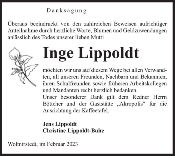 Traueranzeige von Inge Lippoldt  von Magdeburger Volksstimme
