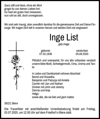 Traueranzeige von Inge List (geb. Hege)  von Magdeburger Volksstimme